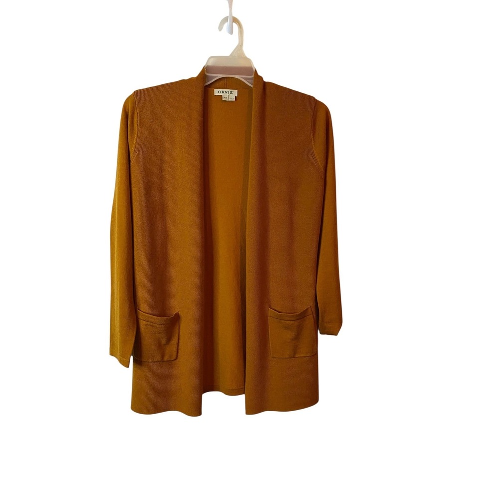 Orvis Womens Open Front Cardigan 100% Merino Wool Orange XS Longline Pocket